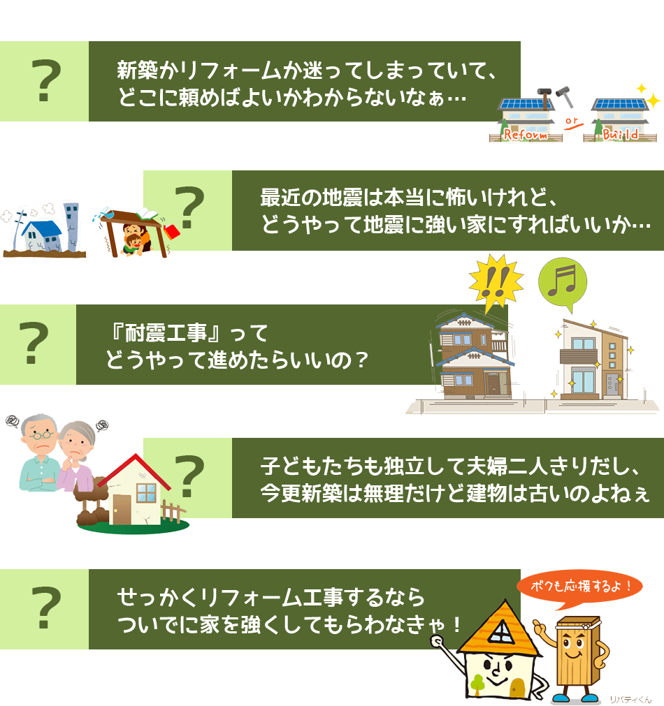 新築かリフォームか迷ってしまっていて、どこに頼めばよいかわからないなぁ・・・最近の地震は怖いけれど、どうやって地震に強い家にすればいいのか・・・『耐震工事』ってどうやって進めたらいいの？子どもたちも独立して夫婦二人きりだし、今更新築はムリだけど建物は古いよねぇ・・・せっかくリフォーム工事するならついでに家を強くしてもらわなきゃ！